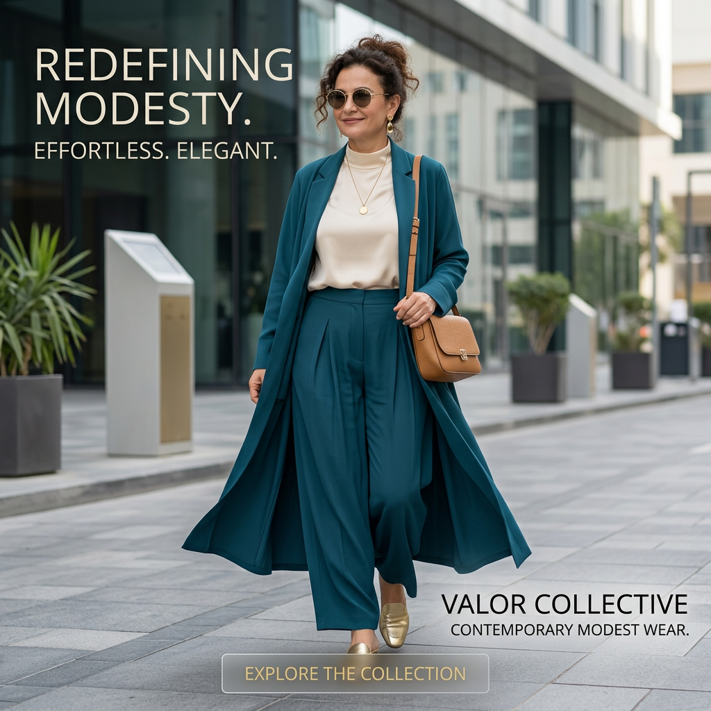 Smiling woman in sunglasses, teal duster coat and pleated wide-leg trousers with tan bag walking on a city street, Valor ad