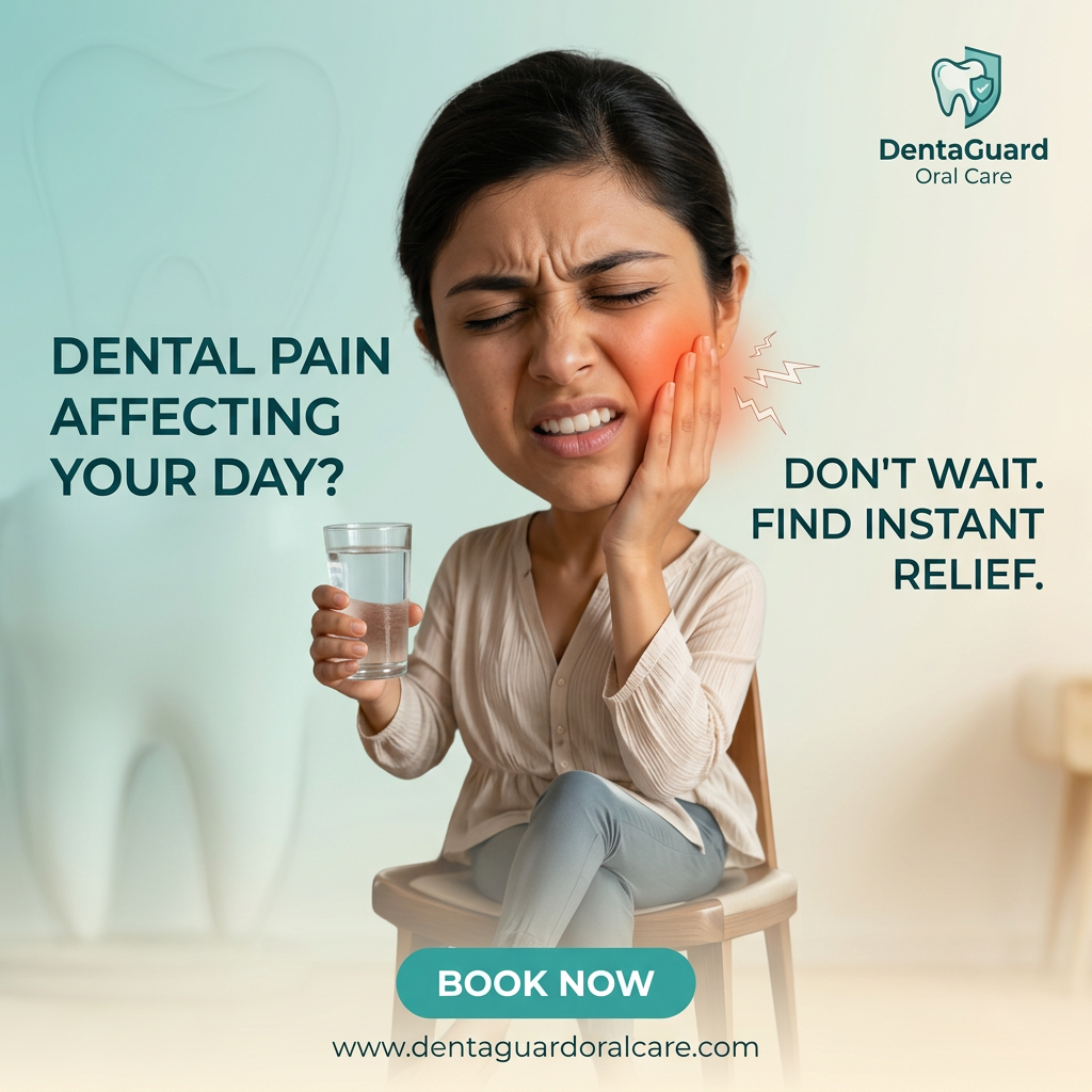 Woman holding her cheek in tooth pain with a glass of water, text Dental pain affecting your day and Book Now button