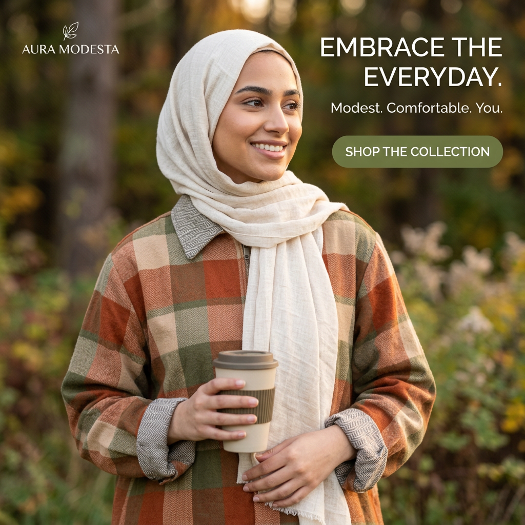 Smiling woman in cream hijab and plaid overshirt holding a coffee cup in an autumn forest with Shop the Collection button