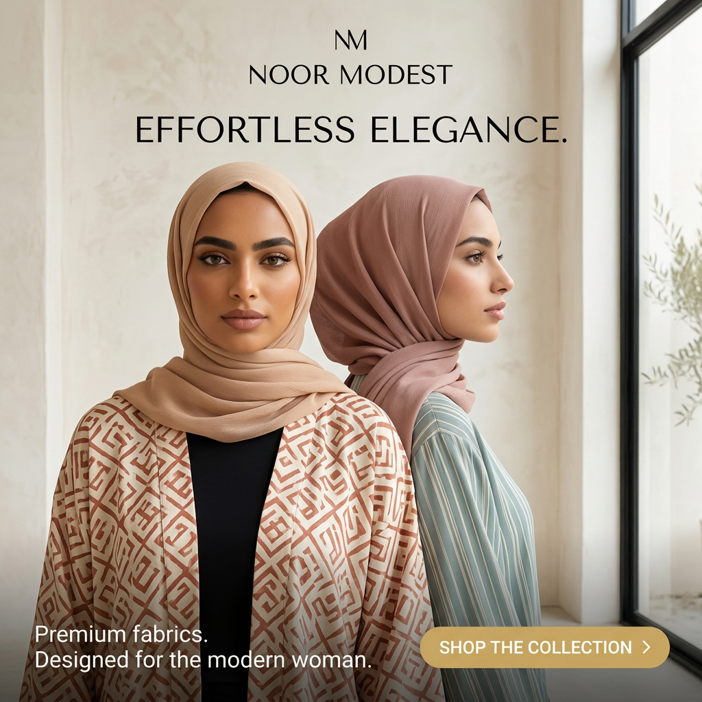 Two women in beige and dusty-pink hijabs, one in a geometric kimono, by a sunlit window under text Effortless Elegance