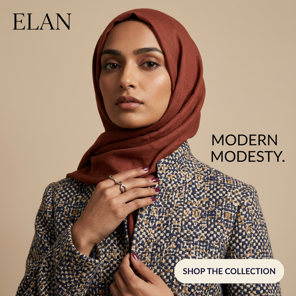Woman in rust hijab and navy tweed coat touching her collar on beige background, text Modern Modesty and shop button