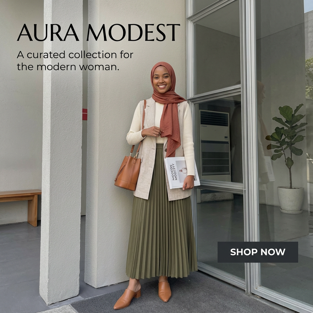 Smiling woman in rust hijab, beige vest and olive pleated skirt with tan bag outside a glass door, with Shop Now button