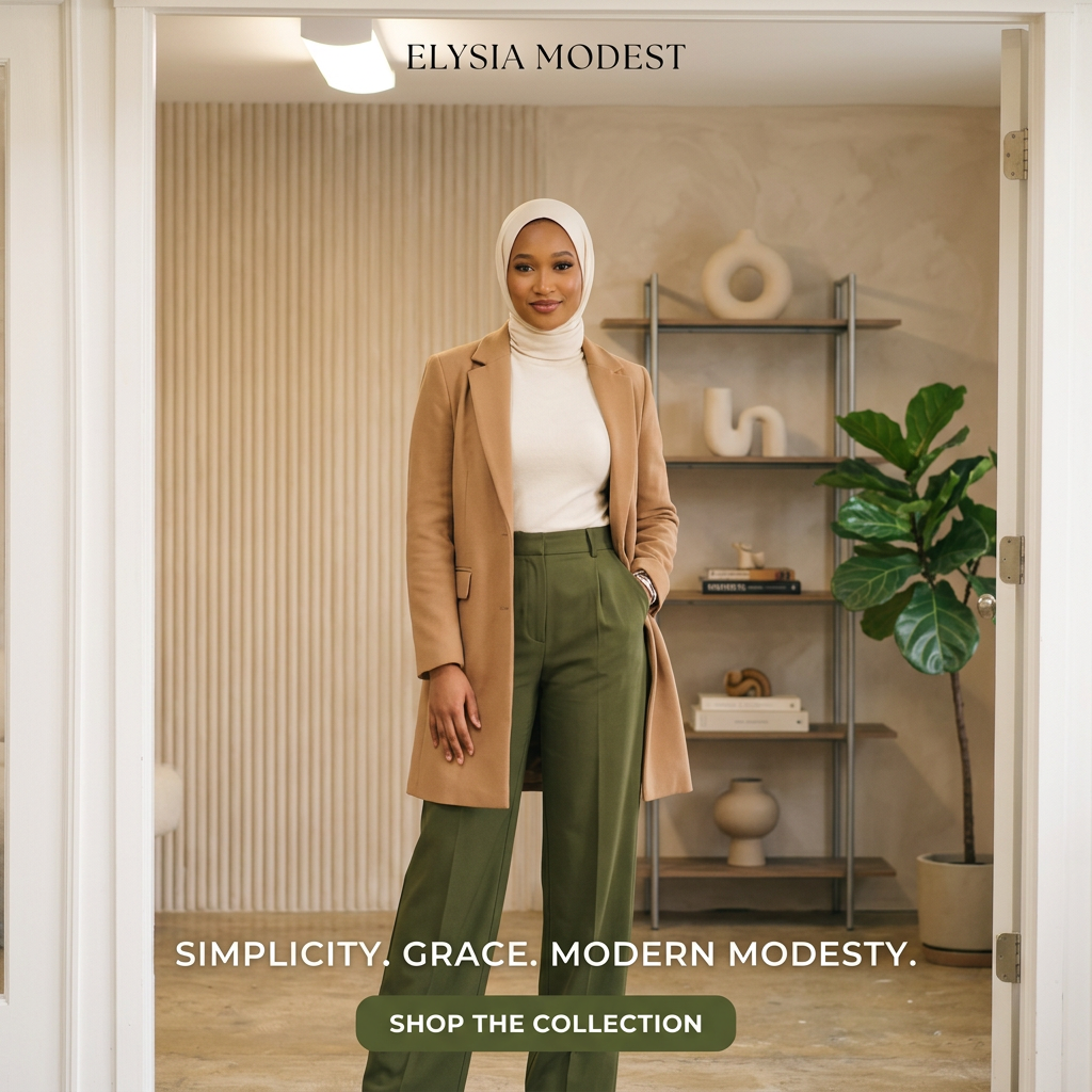 Woman in white hijab, camel coat and olive wide-leg trousers standing in a doorway of a styled room, Shop the Collection