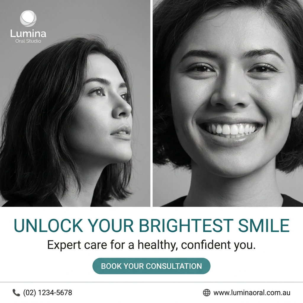 Black-and-white split of a woman in serious profile and the same woman smiling widely, text Unlock Your Brightest Smile