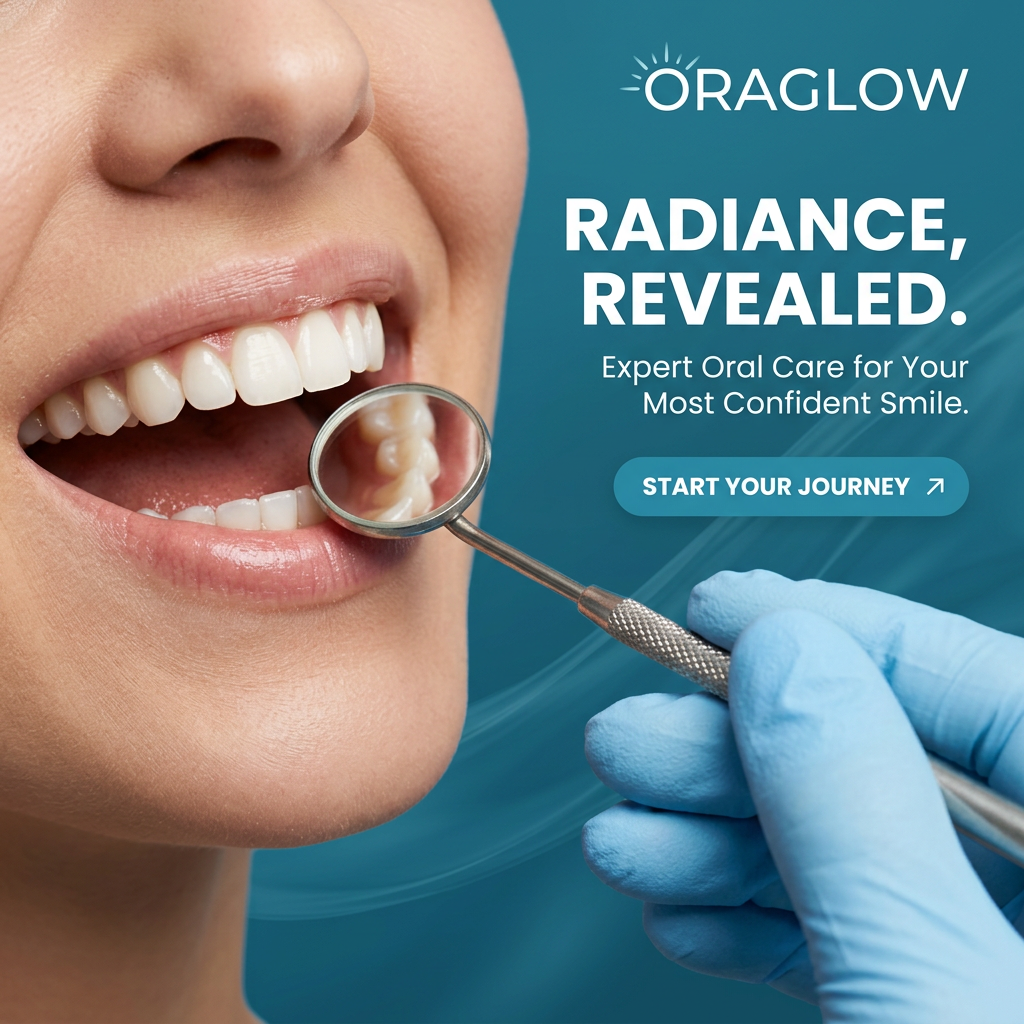 Close-up of a smile with white teeth and a dental mirror in a blue-gloved hand on teal, text Radiance Revealed