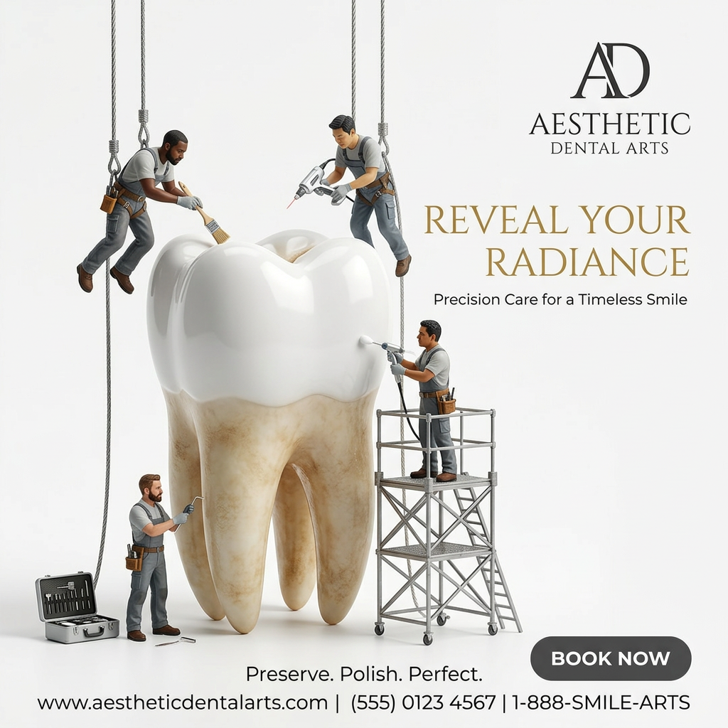 Miniature workers on ropes and scaffolding cleaning a giant half-stained tooth, next to text Reveal Your Radiance
