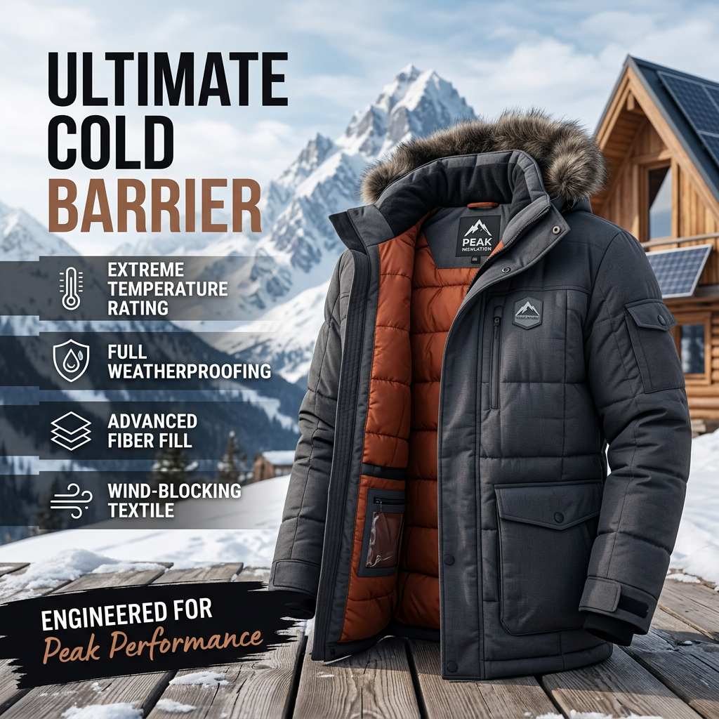 Grey hooded parka with fur trim and orange lining beside four feature callouts, snowy mountains and a wooden cabin behind