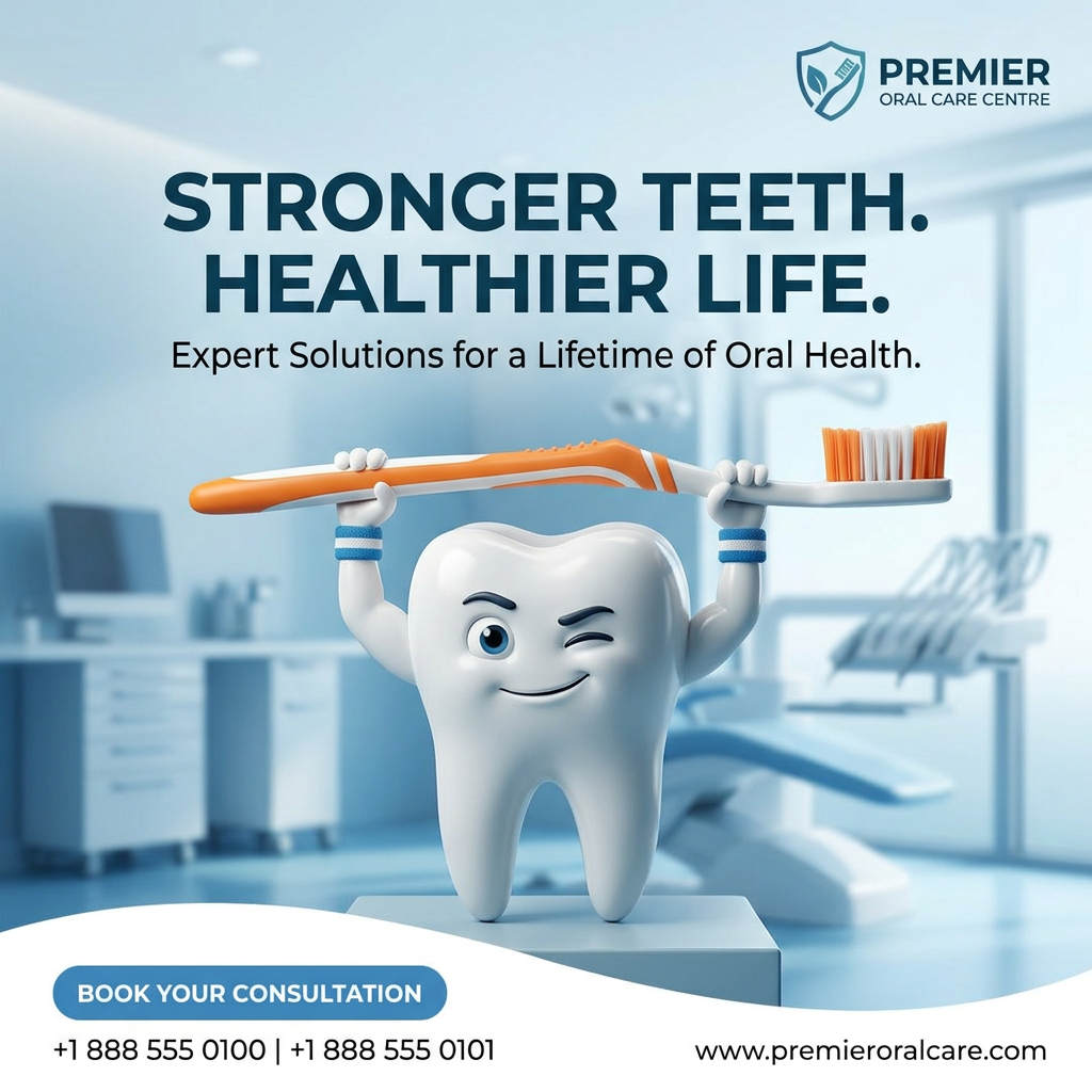 Cartoon tooth mascot with wristbands lifting an orange toothbrush in a bright blue dental clinic, with booking button