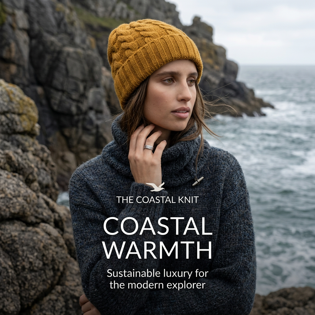 Woman in navy chunky knit sweater and mustard cable beanie standing on rocky sea cliffs with Coastal Warmth headline