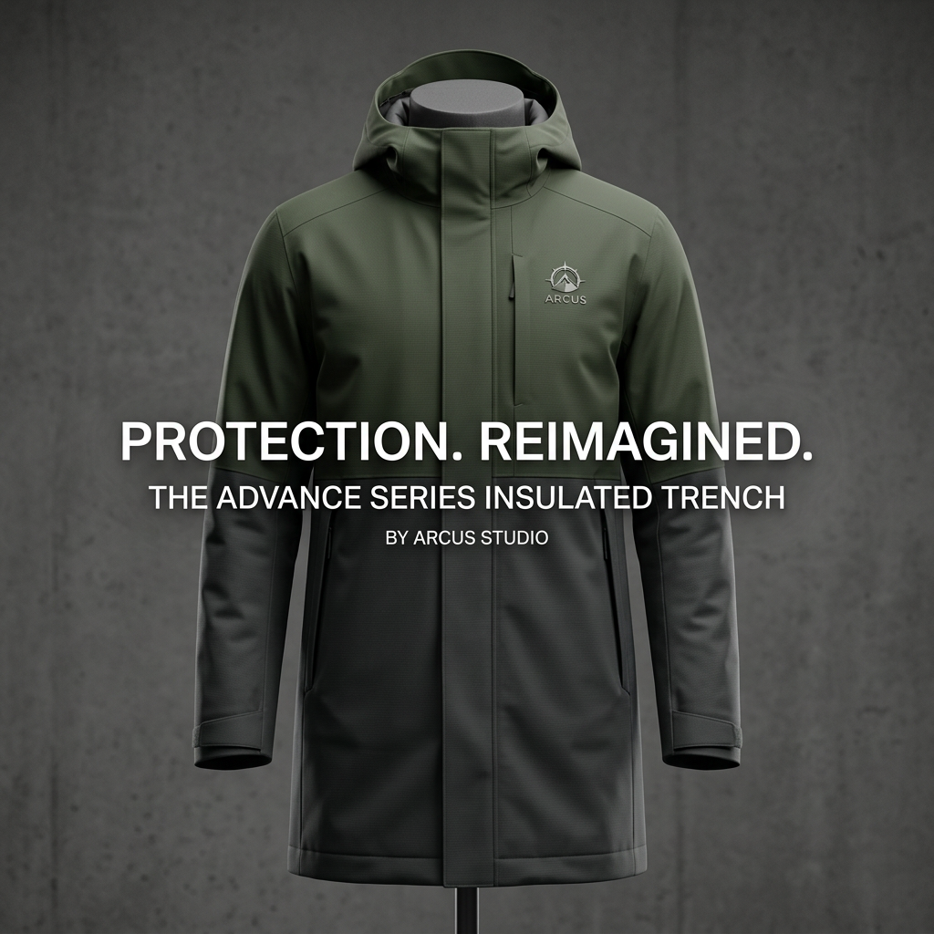 Two-tone olive and black hooded insulated trench coat on a mannequin against grey concrete with Protection Reimagined text
