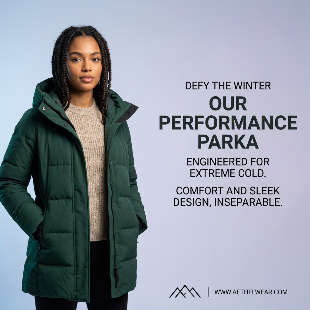 Woman with braids wearing a forest green hooded parka and beige sweater in a studio, with Performance Parka text