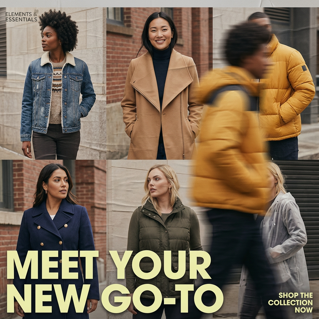 Grid of diverse women in denim, camel, navy, olive and yellow coats on city streets with Meet Your New Go-To headline