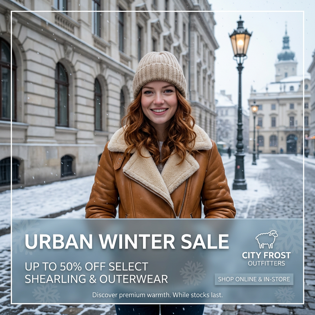 Smiling red-haired woman in tan shearling jacket and beige beanie on a snowy cobbled street above an up to 50% off banner