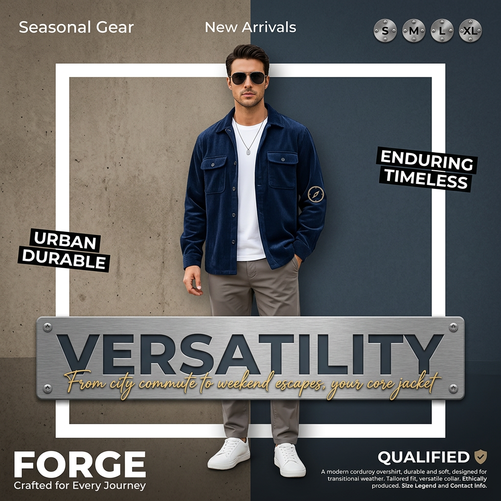 Man in sunglasses wearing a navy corduroy overshirt and white tee on a split concrete wall with a metal Versatility sign