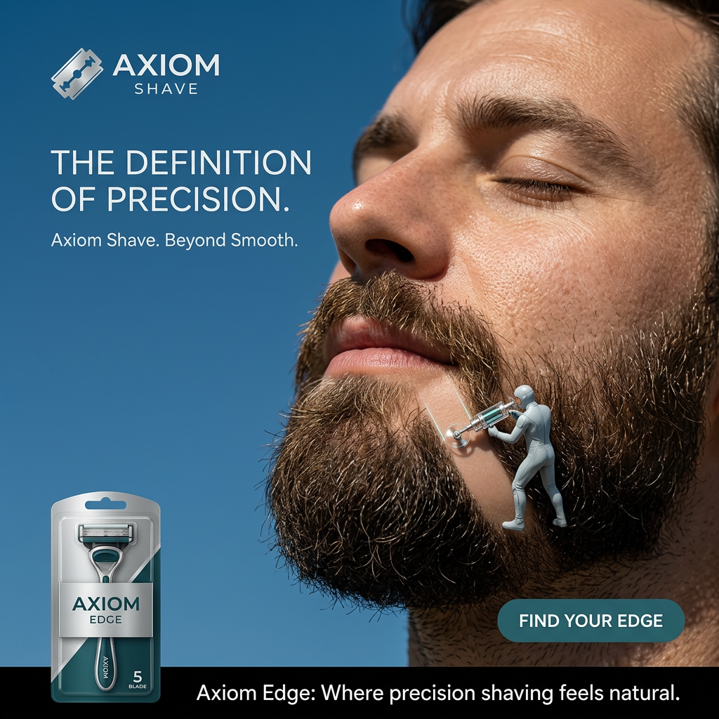 Bearded man in sunlight with a tiny figure trimming his beard, Axiom Edge 5-blade razor pack in bottom left corner
