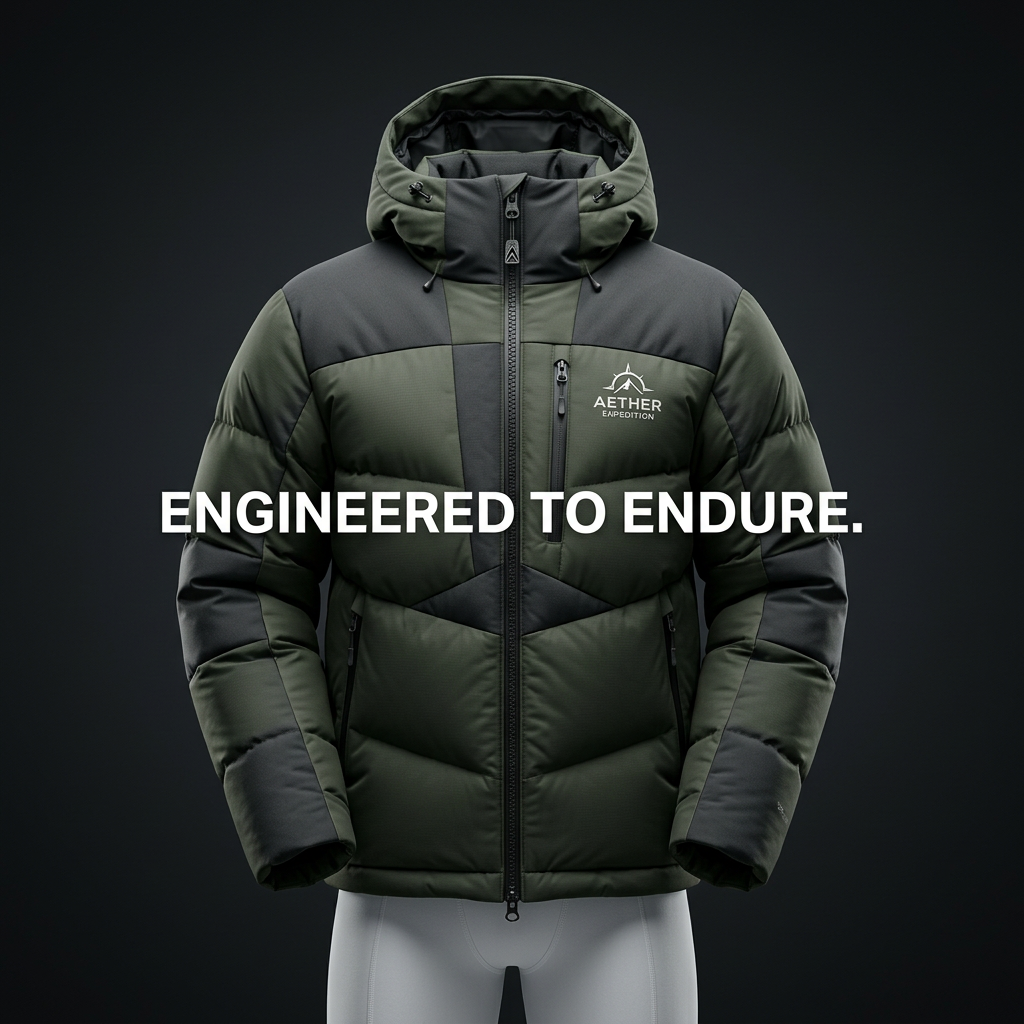 Olive green and charcoal hooded down puffer jacket on a black background with white text Engineered to Endure