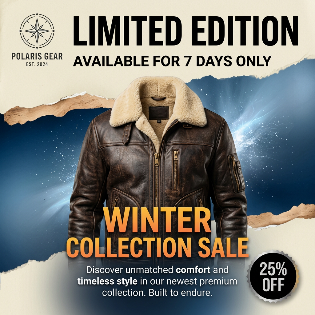 Brown leather jacket with shearling collar on torn paper and blue night sky collage, Winter Collection Sale and 25% off badge