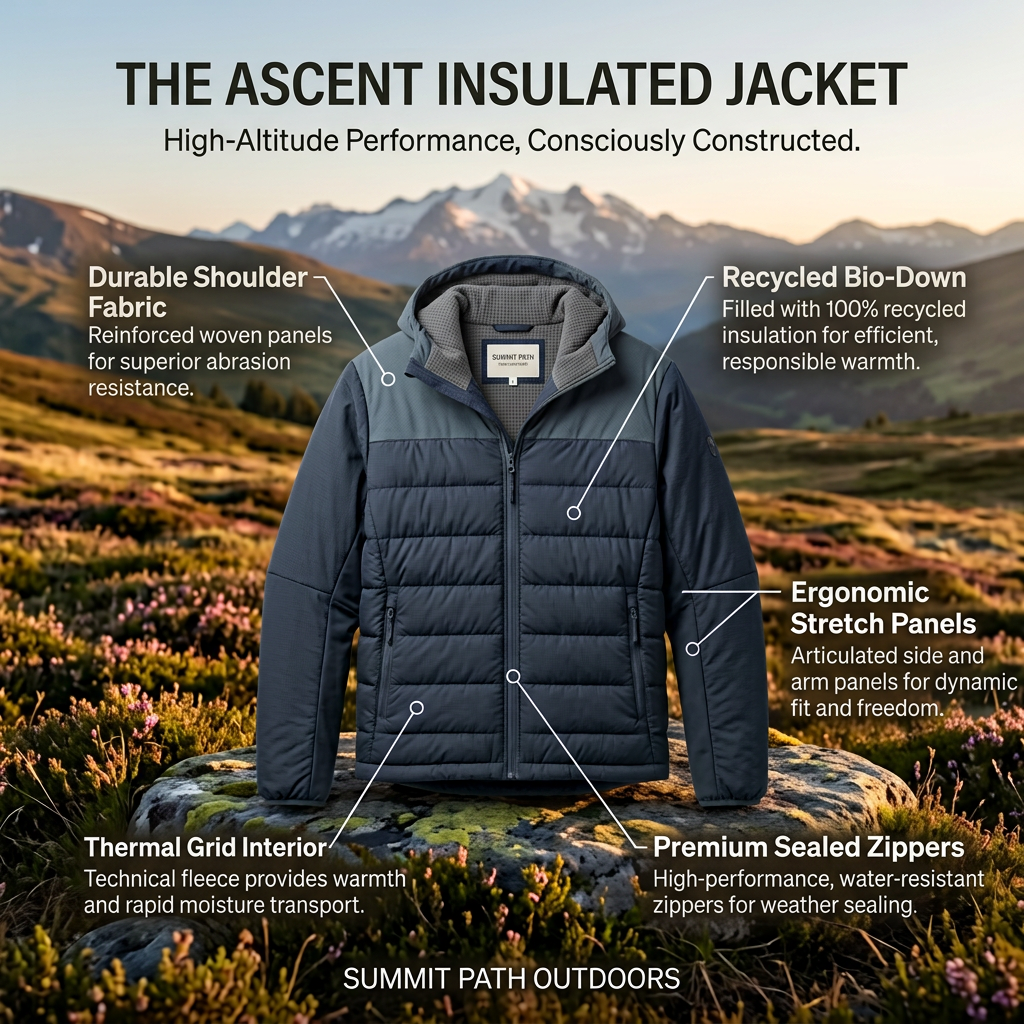 Navy and grey insulated hiking jacket on a rock in an alpine meadow with five labelled feature callouts and mountains behind