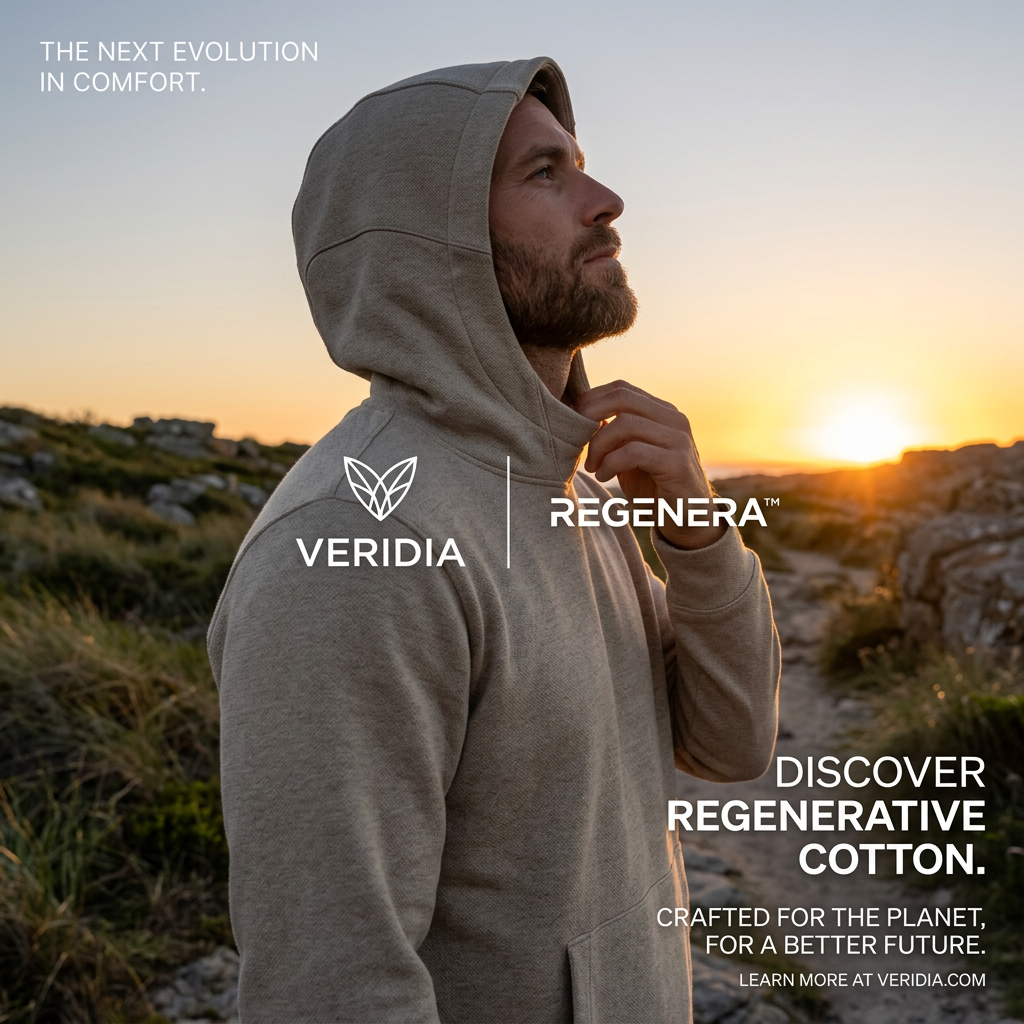 Bearded man in a beige hoodie looking into the distance at sunset on a rocky coastal path with Veridia and Regenera logos