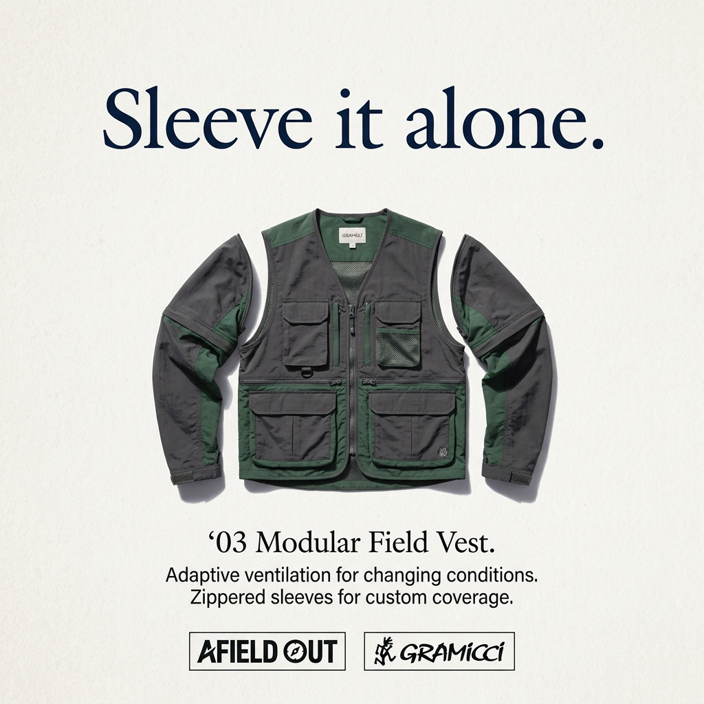 Grey and green modular field vest with zip-off sleeves on off-white background, headline Sleeve it alone
