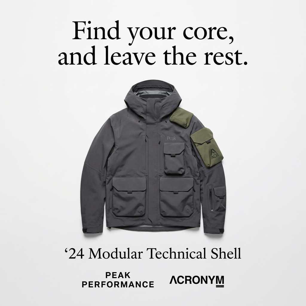 Charcoal hooded technical shell jacket with olive detachable pouches on white, Peak Performance and Acronym logos