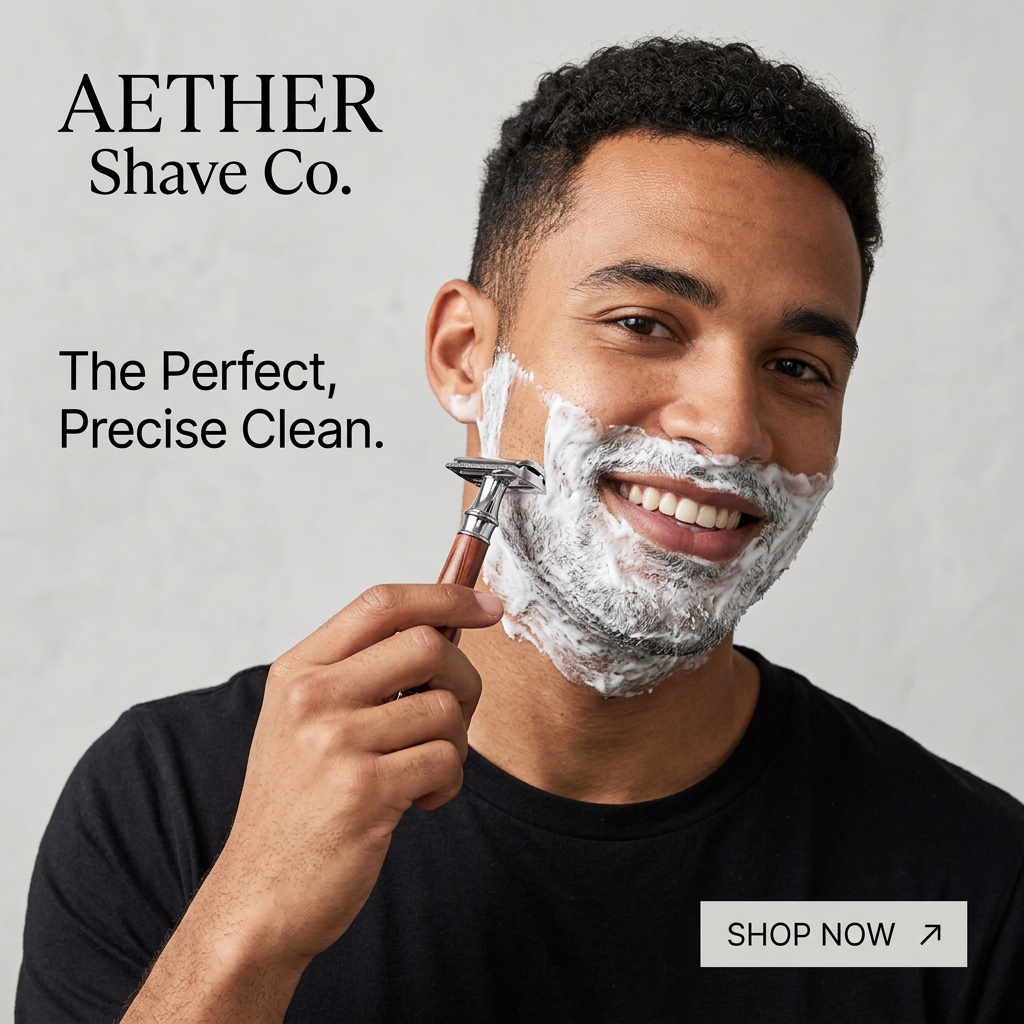 Smiling man with shaving foam on his face holding a wooden-handle safety razor on a grey background
