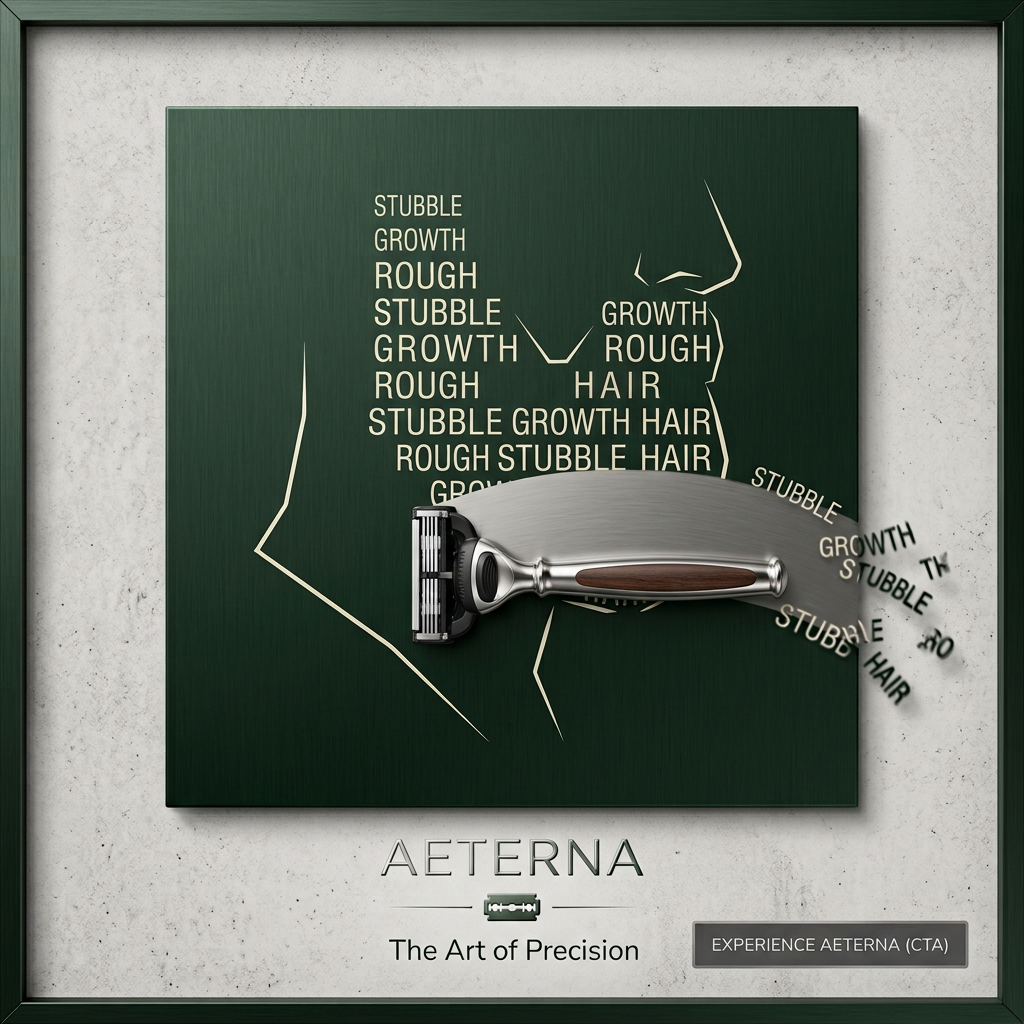 Razor with wooden grip sweeping the words stubble, growth and rough off a line-drawn face on dark green