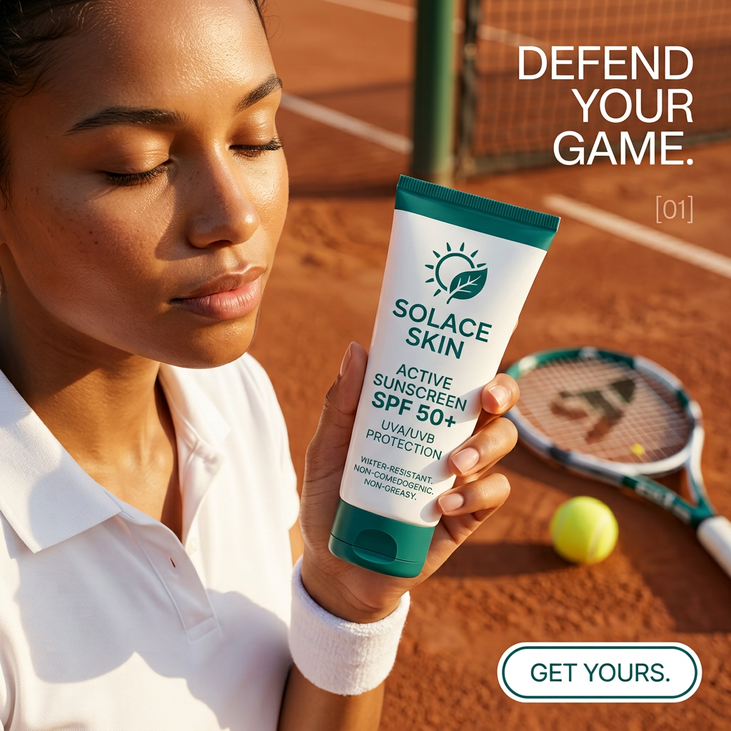 Tennis player with closed eyes holding a Solace Skin SPF 50+ sunscreen tube on a clay court beside a racket and ball