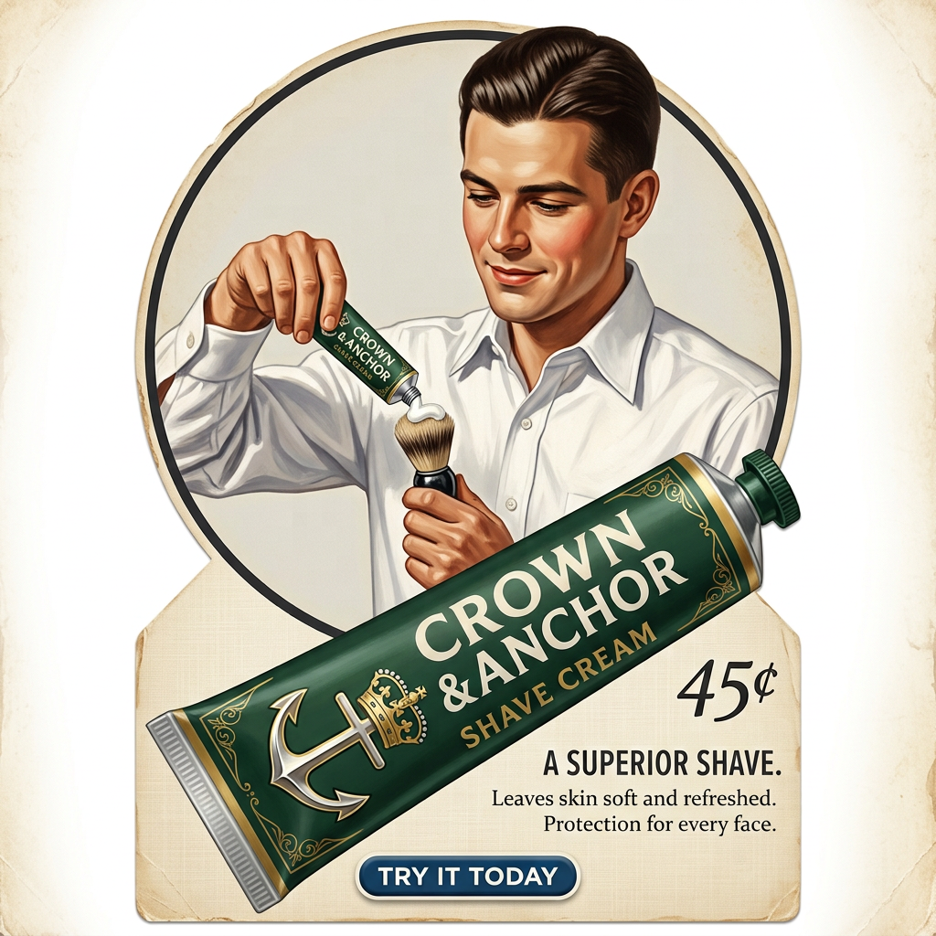 Vintage illustration of a man putting Crown & Anchor shave cream on a brush above an oversized green tube and 45 cent price