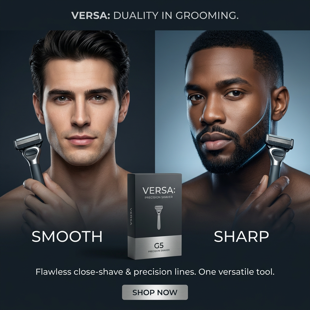 Split-screen ad of a clean-shaven man and a bearded man each holding a razor, with a Versa G5 shaver box in the middle