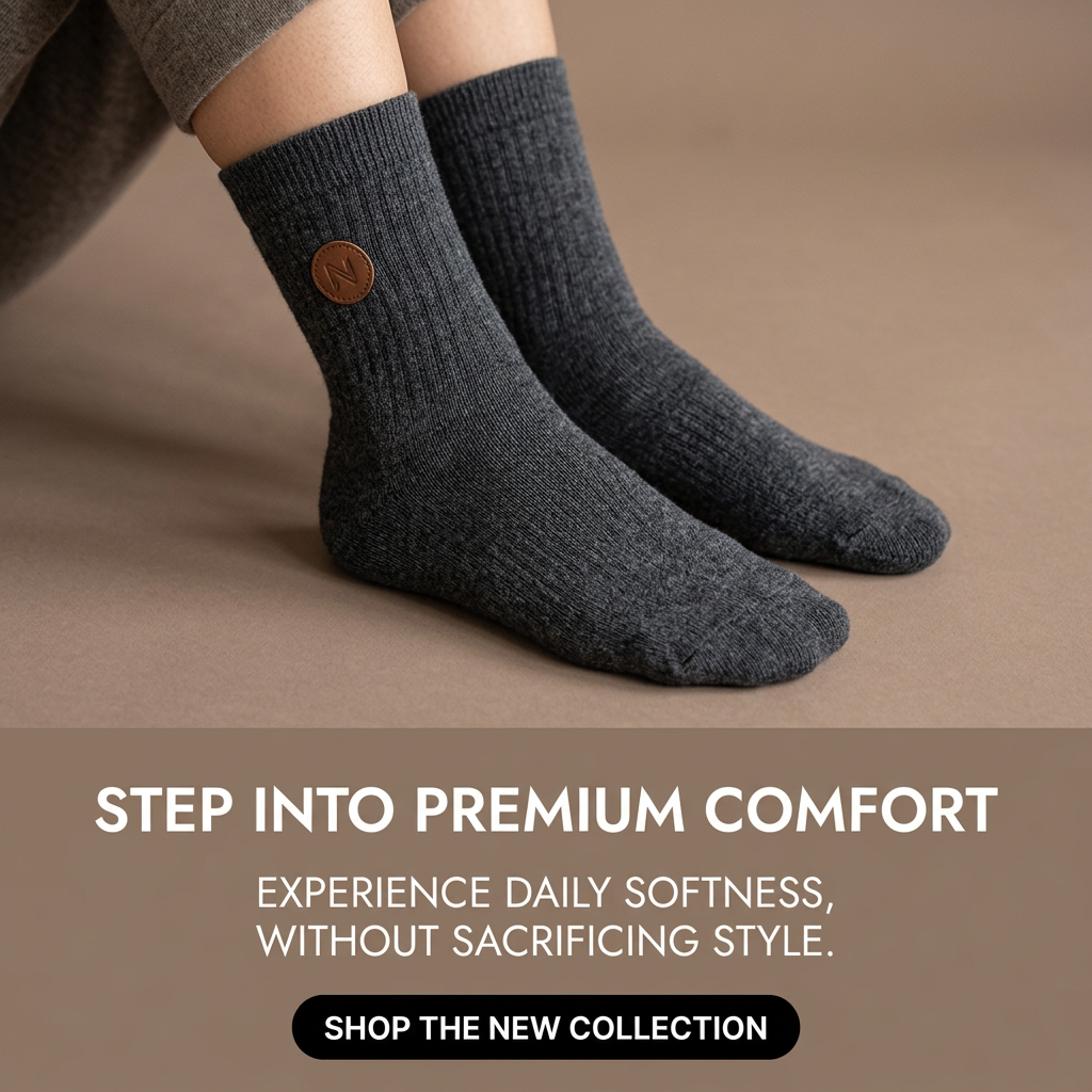 Close-up of feet in charcoal grey ribbed socks with a small leather logo patch on a warm taupe background