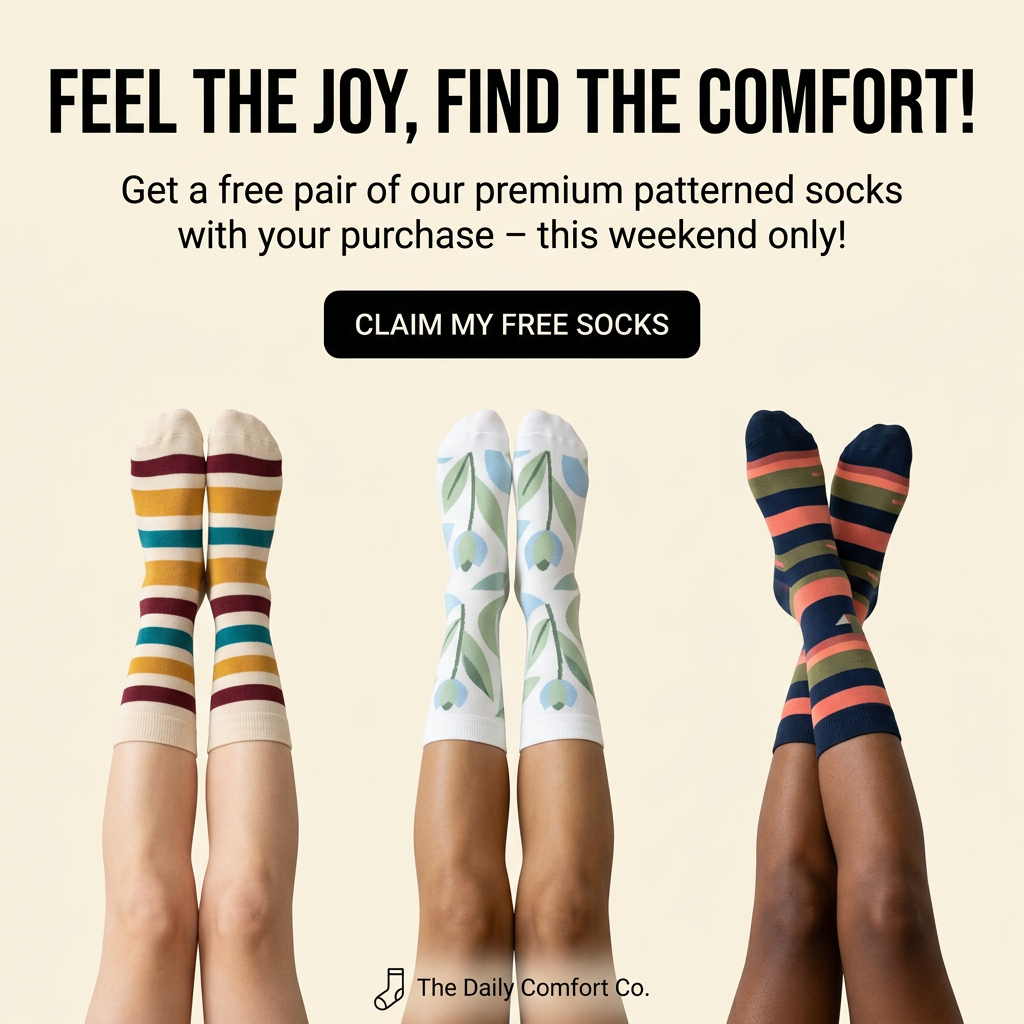 Three pairs of raised legs wearing striped, floral and bold striped socks under a free socks weekend offer headline