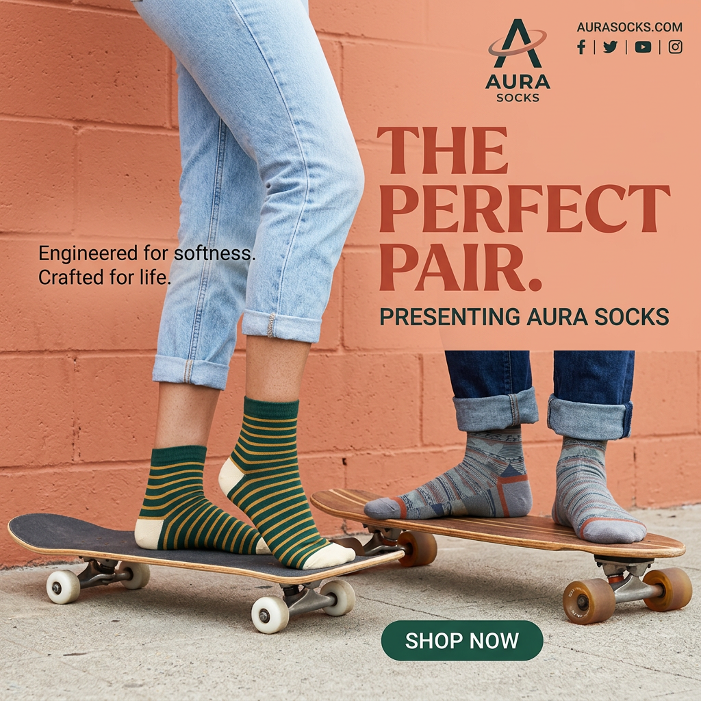 Two pairs of legs in rolled-up jeans and patterned socks standing on skateboards in front of a coral brick wall
