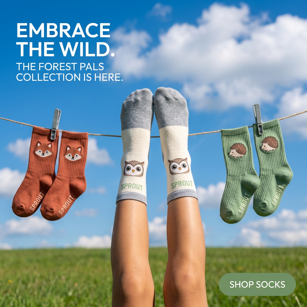Fox, owl and hedgehog kids socks on a washing line with raised legs wearing owl socks against a blue sky