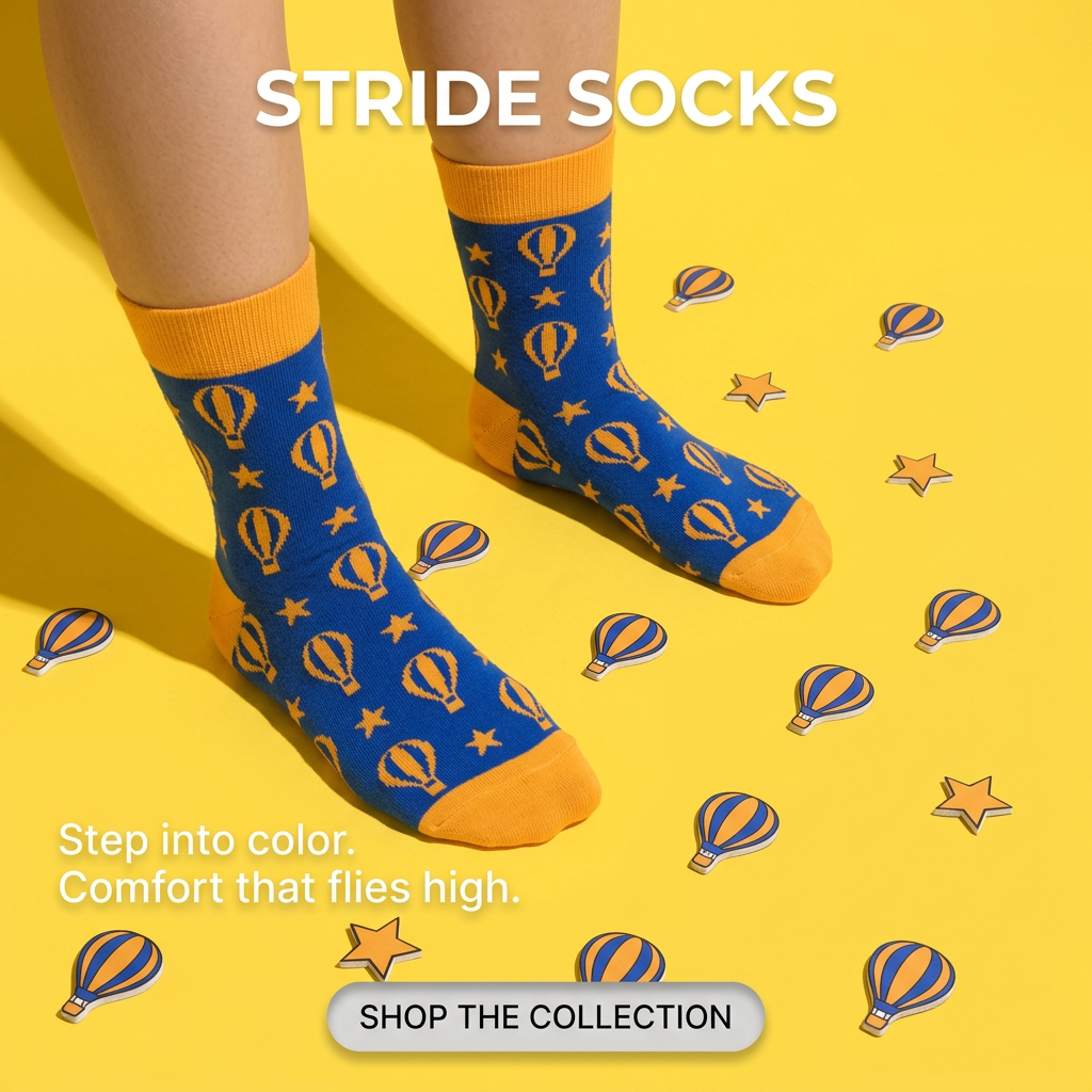 Feet in blue socks with orange hot air balloons and stars on a bright yellow background with matching balloon cut-outs