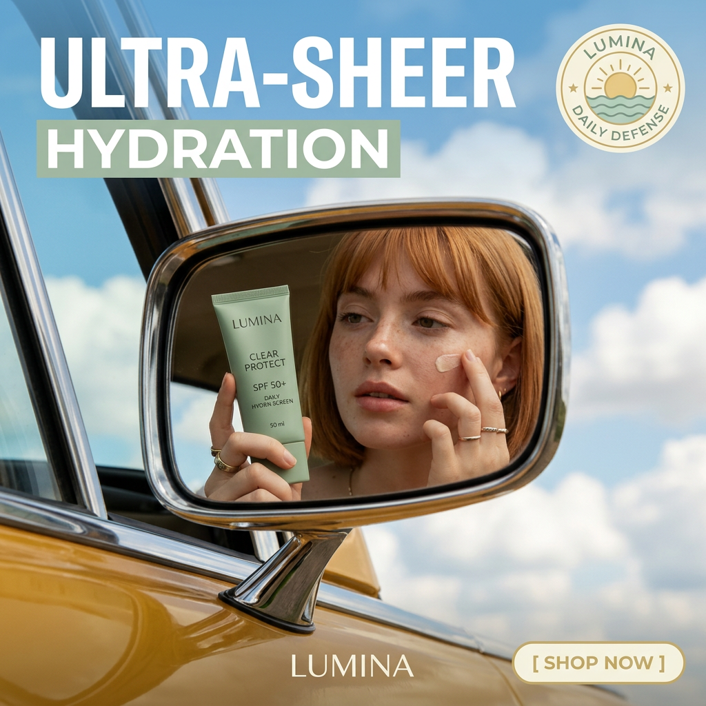 Woman with copper bob applying sunscreen reflected in a vintage car side mirror holding a Lumina Clear Protect SPF 50+ tube
