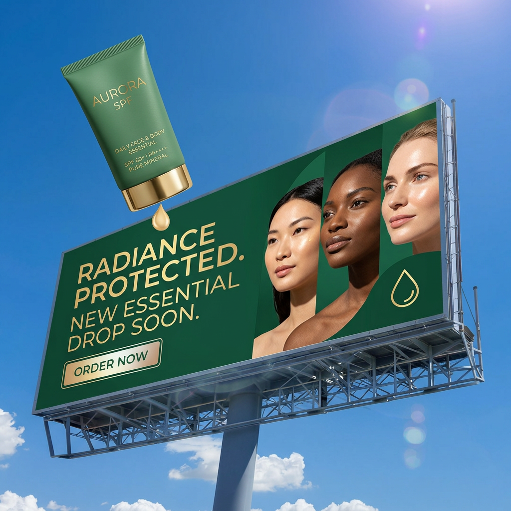 Green and gold SPF tube dripping above a green billboard with three diverse women and the text Radiance Protected
