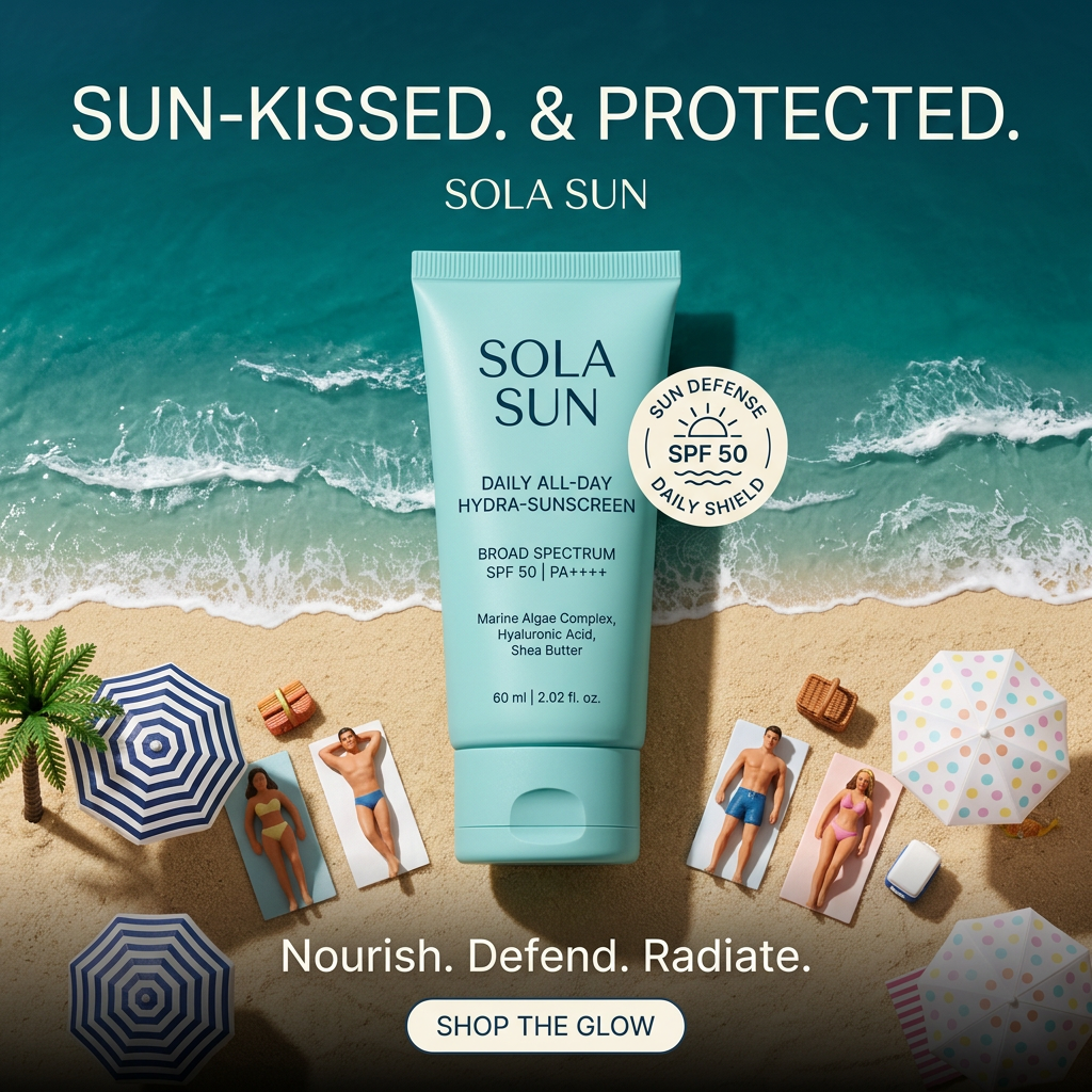 Aerial view of a giant mint SPF 50 sunscreen tube on a miniature beach with tiny figures, umbrellas and waves