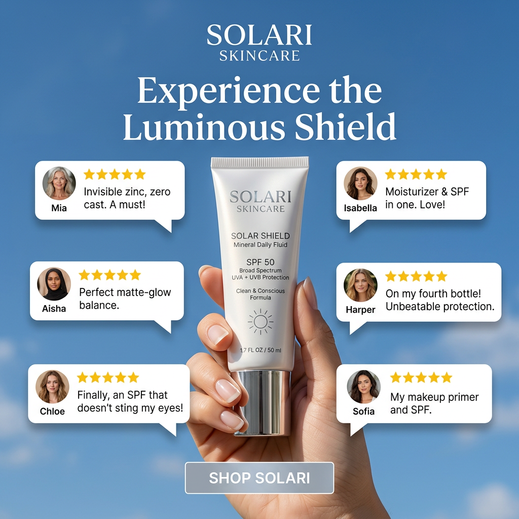 Hand holding a white SPF 50 tube against blue sky, surrounded by six five-star customer review speech bubbles