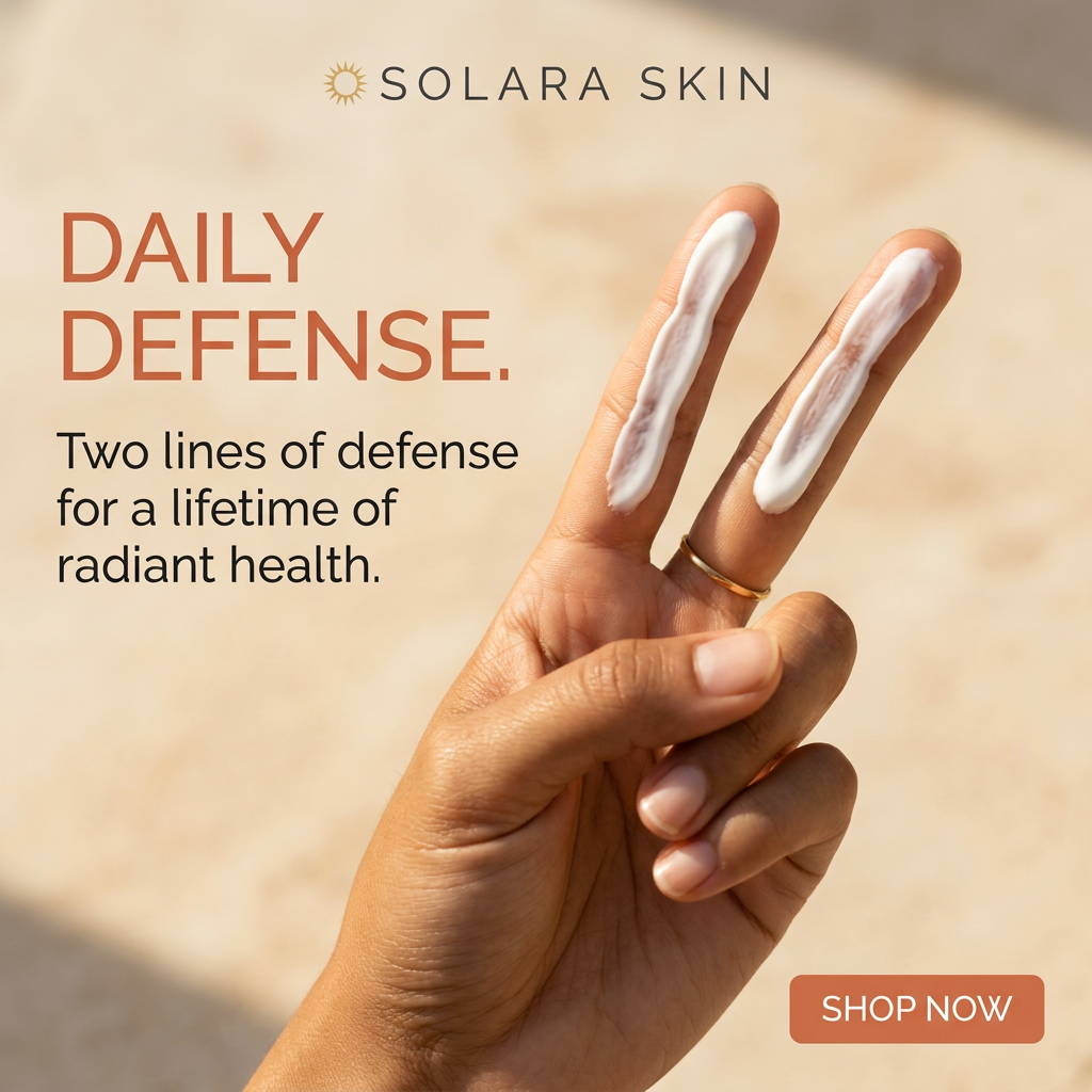 Hand making a peace sign with a line of white sunscreen on each finger against a warm beige sunlit background