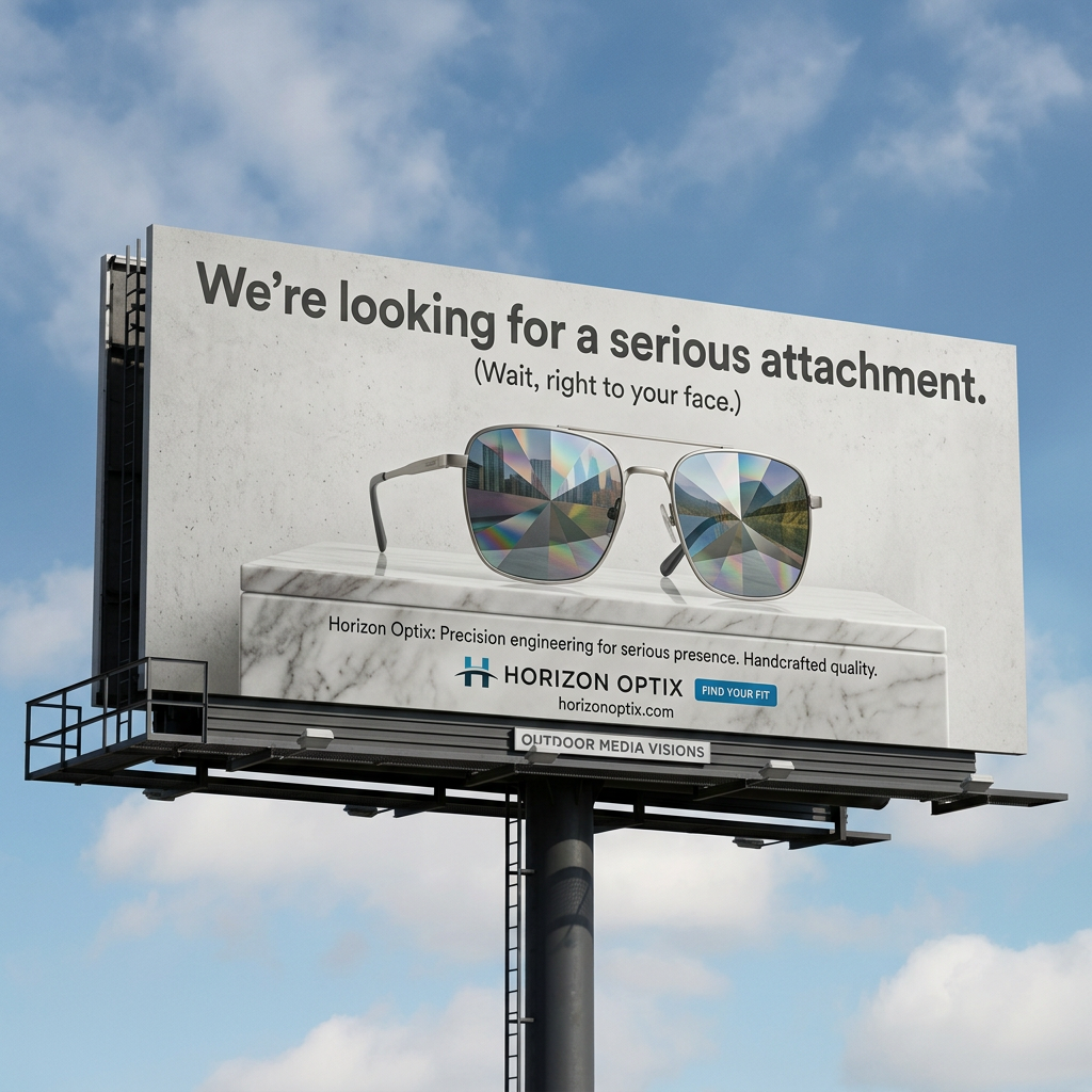 Billboard with the line "We're looking for a serious attachment" above silver aviator sunglasses on a white marble plinth