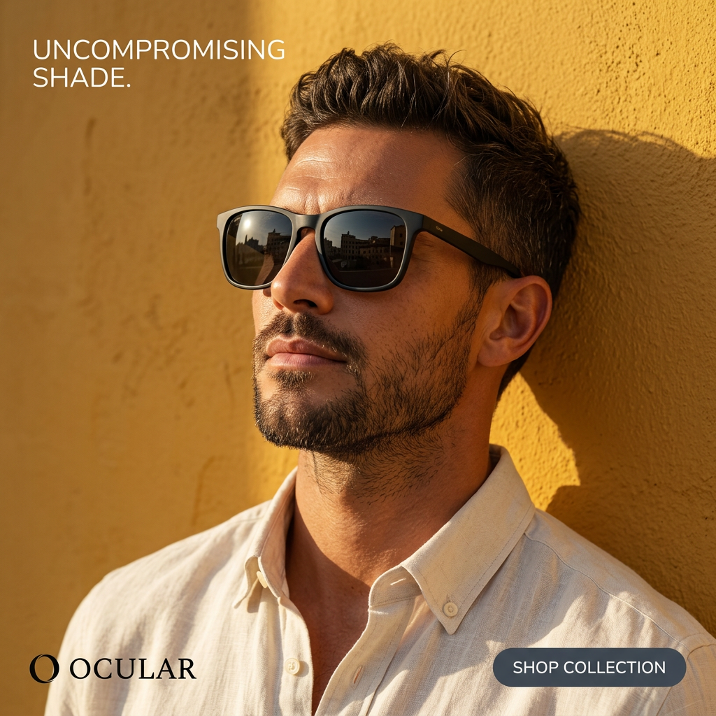 Bearded man in matte black sunglasses and linen shirt leaning on a sunlit yellow wall with the text Uncompromising Shade