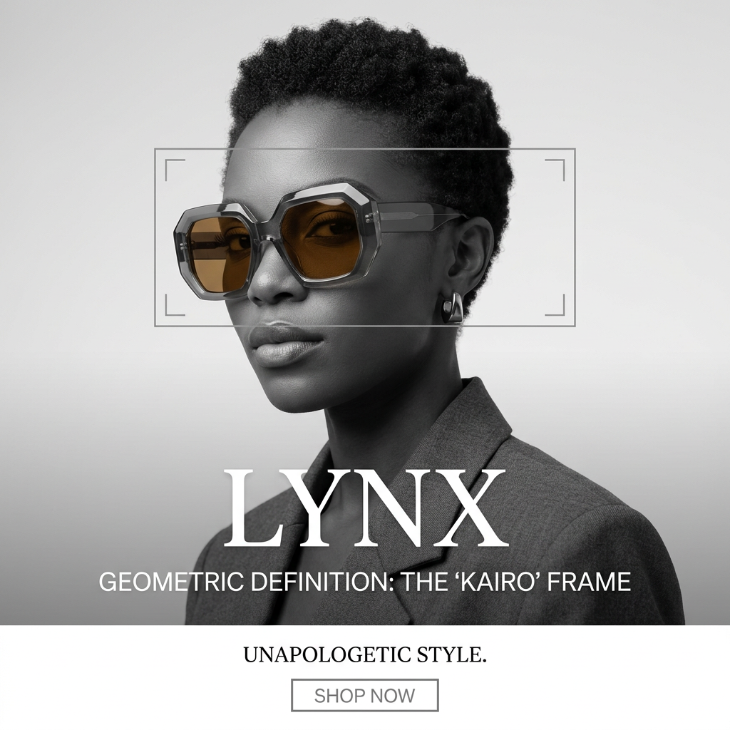Black-and-white portrait of a woman in octagonal sunglasses with amber lenses inside a focus frame, LYNX in large serif type