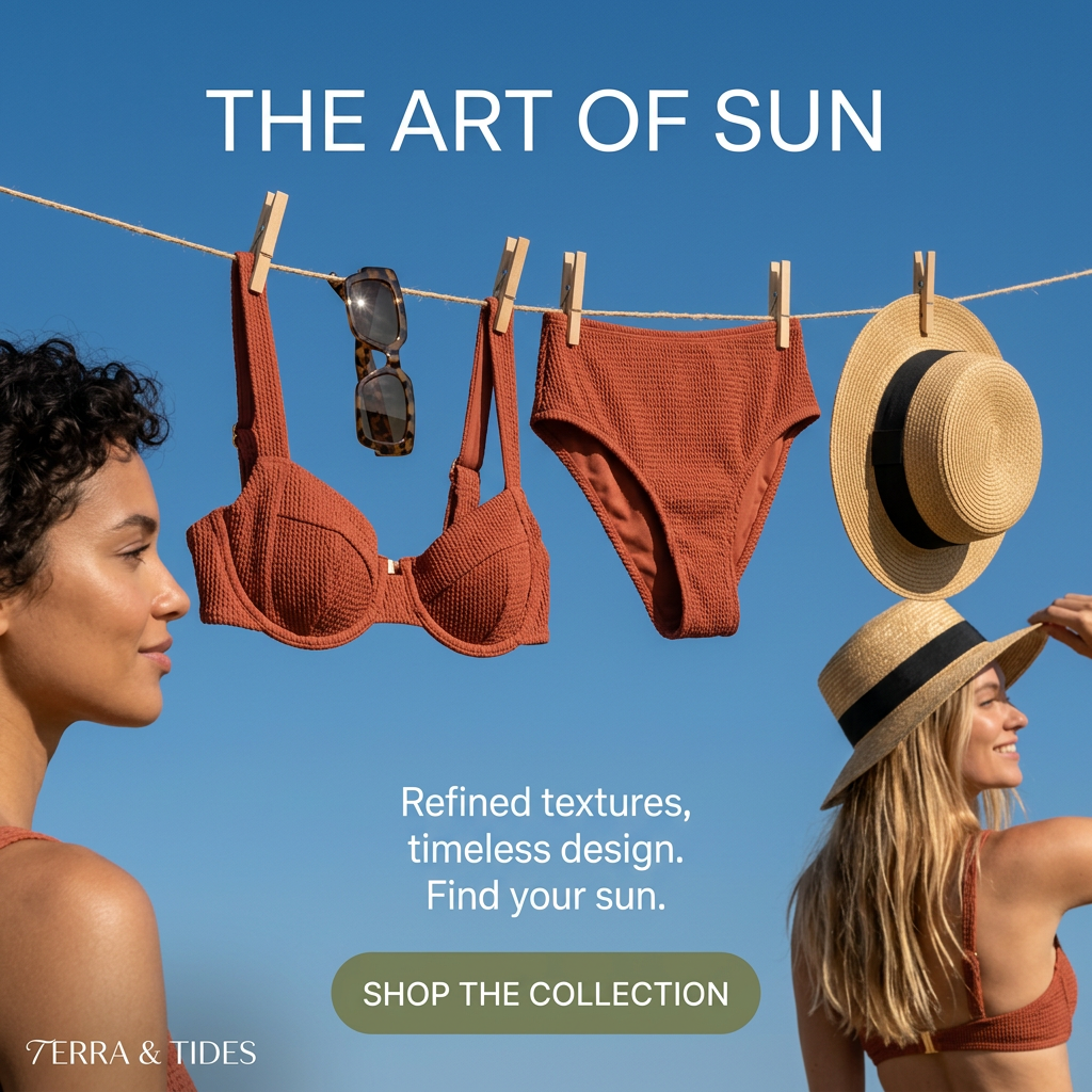 Terracotta textured bikini, tortoiseshell sunglasses and straw hat pegged on a line against blue sky, with two smiling women