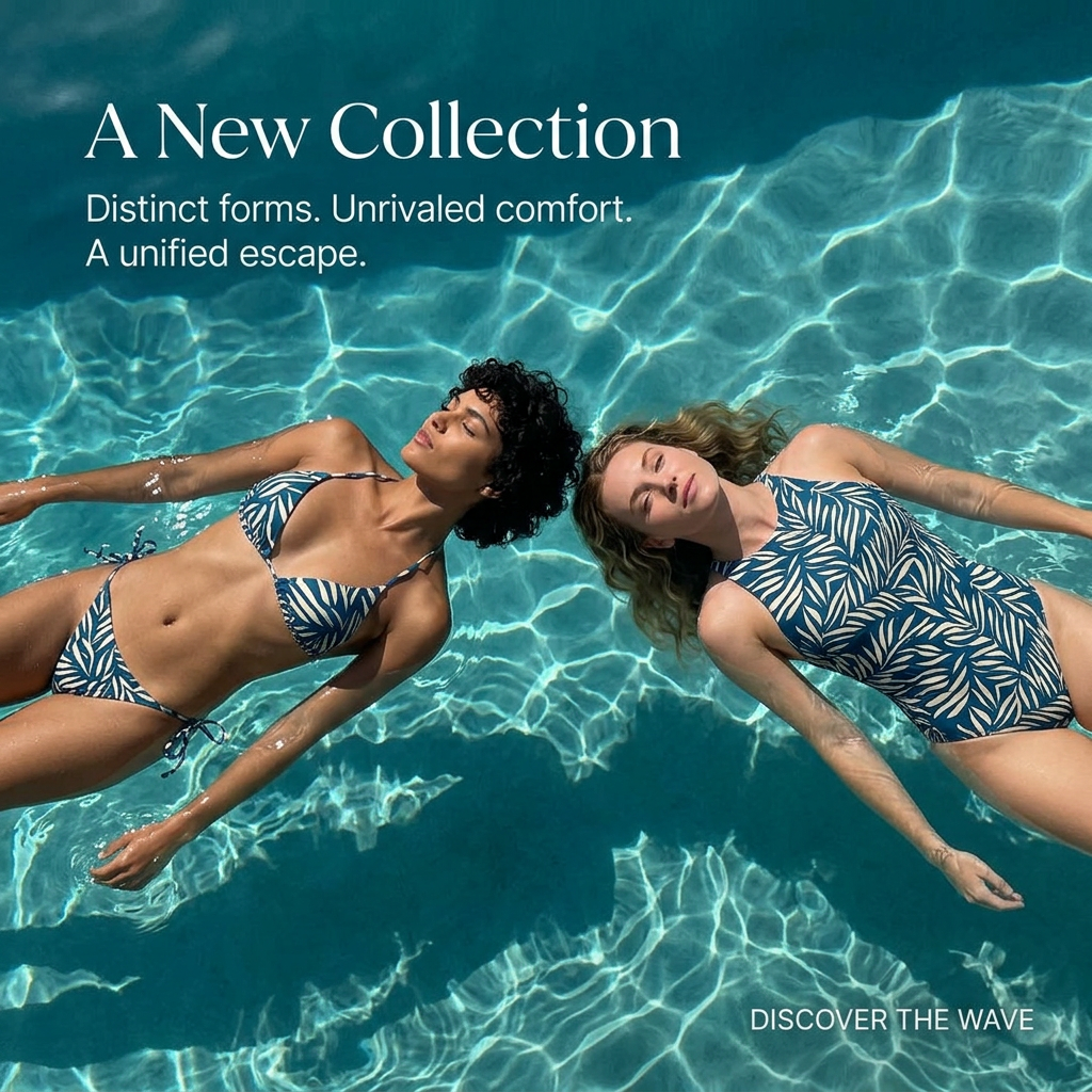 Two women floating on their backs in a turquoise pool wearing a matching blue and white leaf-print bikini and one-piece