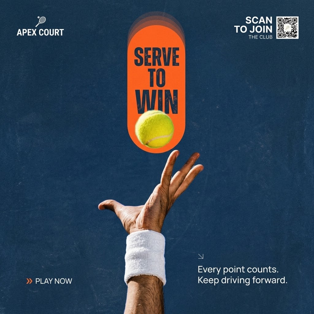 Hand tossing a tennis ball upward under an orange pill reading Serve to Win on a navy textured background