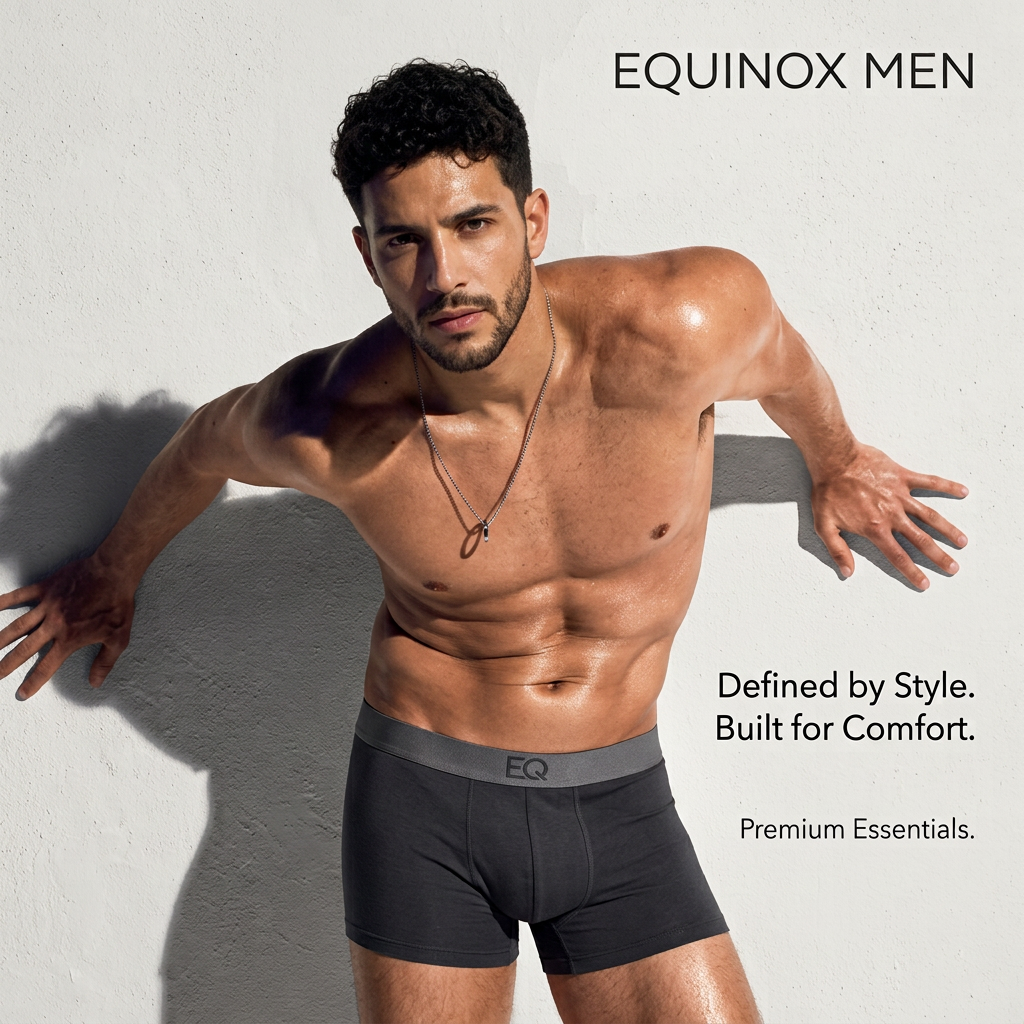 Shirtless male model in charcoal boxer briefs with EQ waistband posing against a sunlit white wall with hard shadows