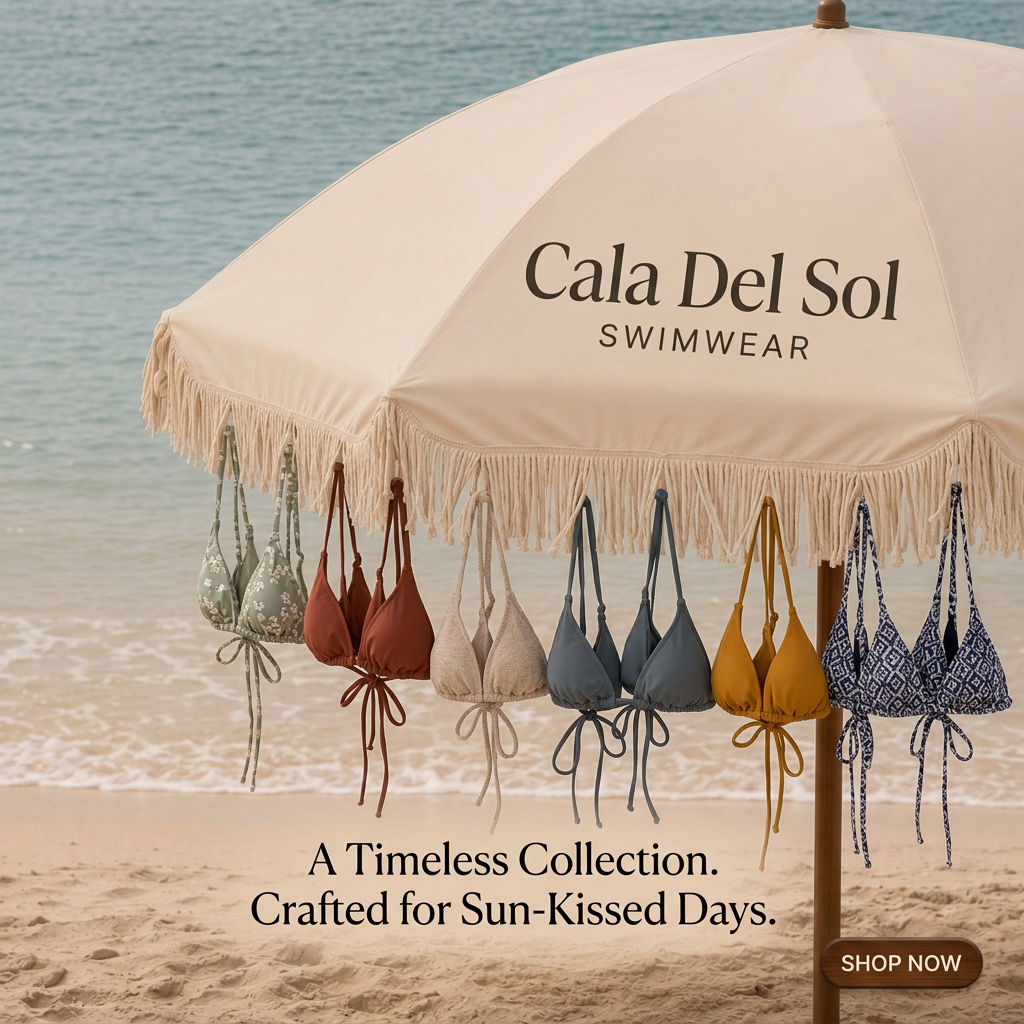 Six pairs of triangle bikini tops in different colours hanging from a fringed cream beach umbrella on a sandy beach