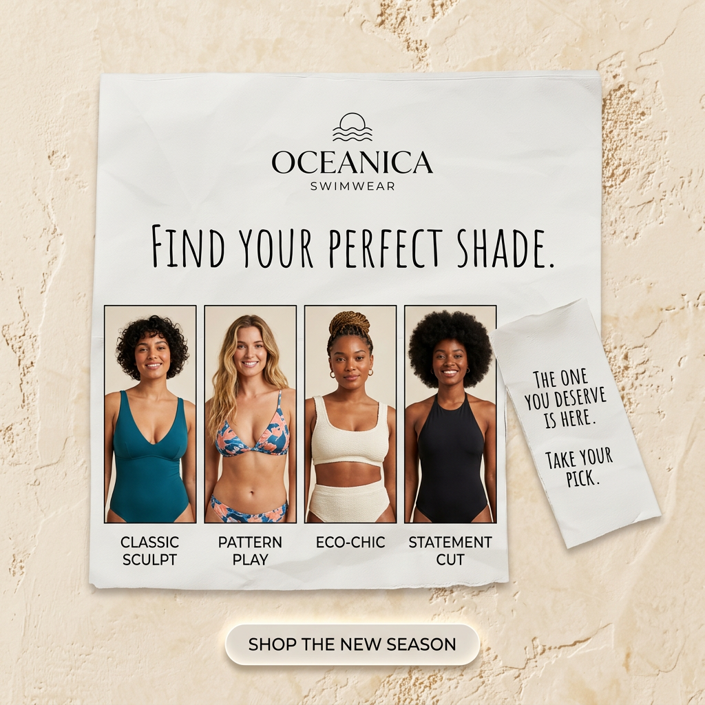 Paper poster of four smiling women in swimsuits labelled Classic Sculpt, Pattern Play, Eco-Chic and Statement Cut