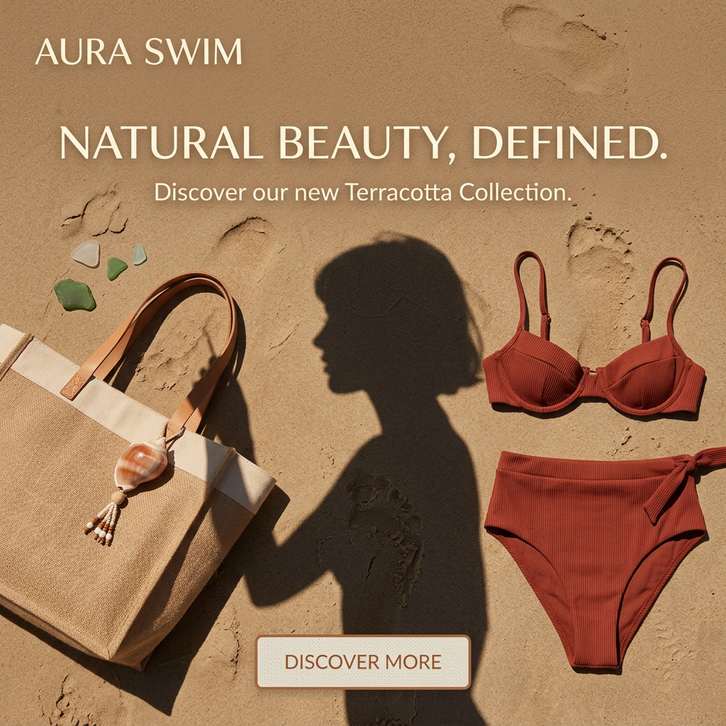 Terracotta ribbed bikini and jute tote bag lying on sand with footprints, sea glass and the shadow of a woman